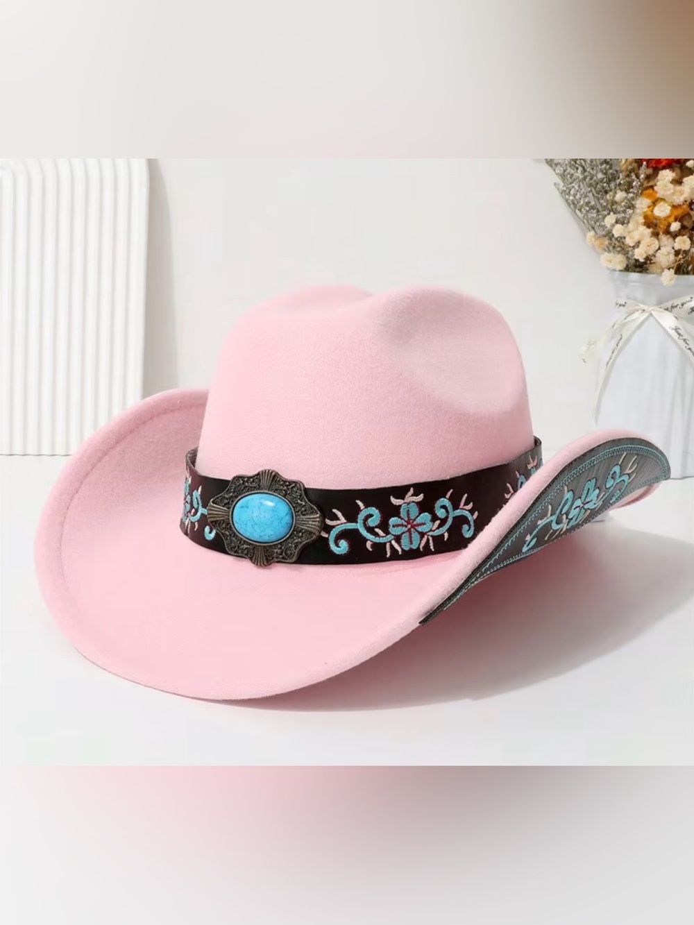 Pink Western Felt Cowboy Hat with Turquoise Concho